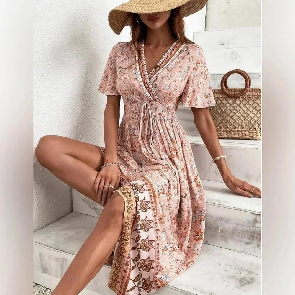 Boho Floral Print Midi Dress